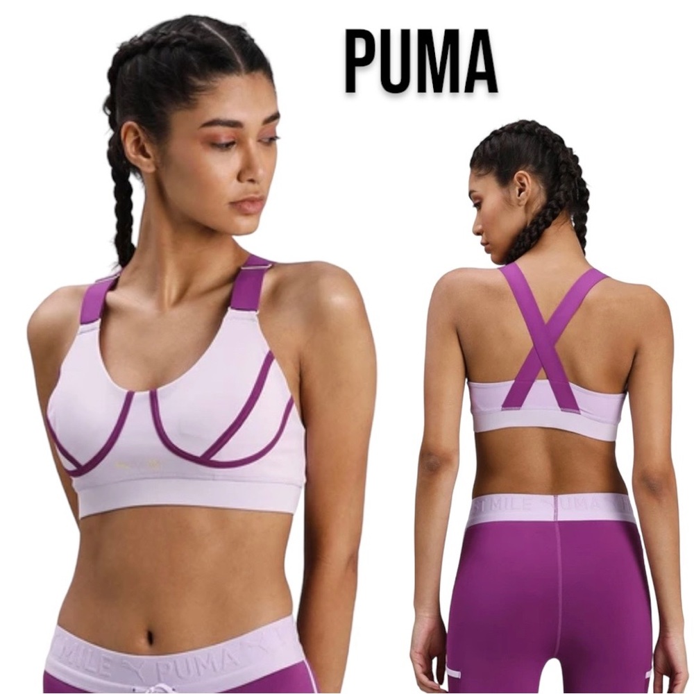 PUMA womens Train First Mile Mid Impact Sports Bra, MEDIUM, Lilac/Purple color